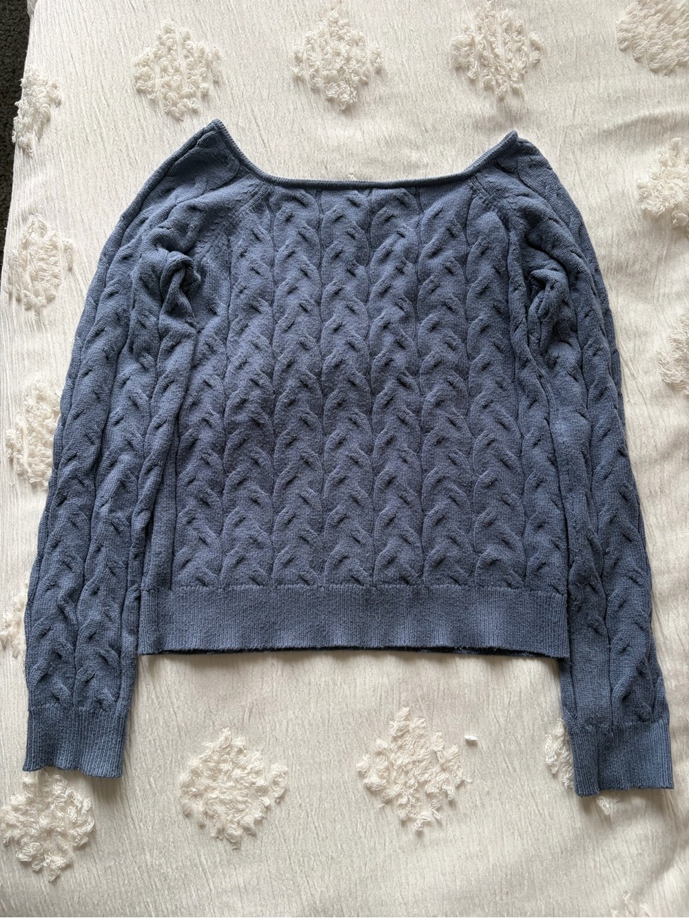 Les Copains Dusty Blue Cable-Knit Off-Shoulder Sweater